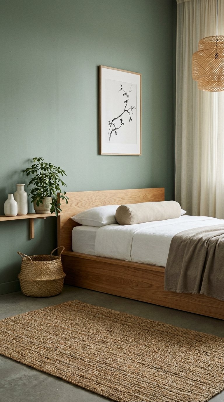 Lit en bois contre un mur vert sauge avec plantes et suspension en rotin