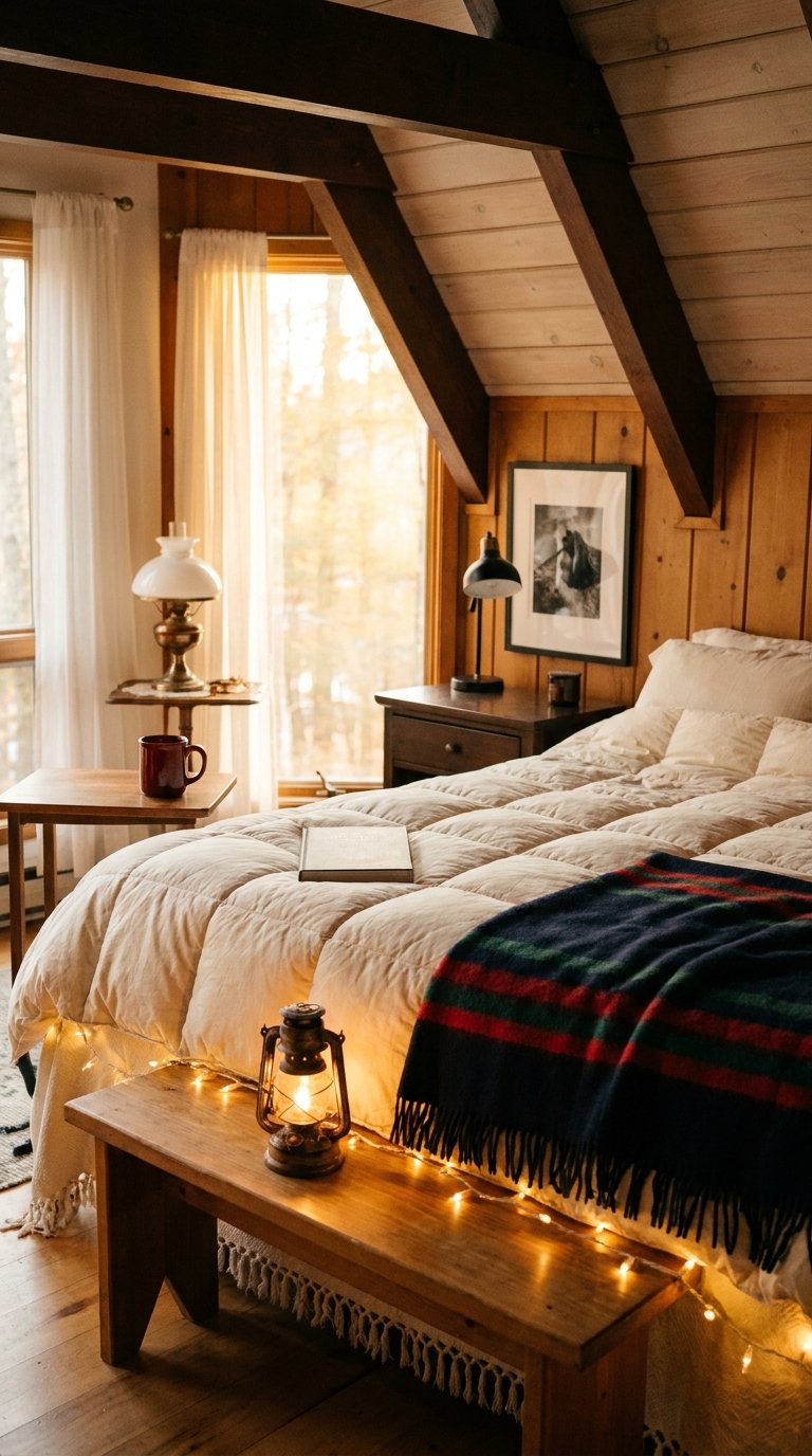 Chambre mansardée en bois avec couverture à carreaux et guirlande lumineuse