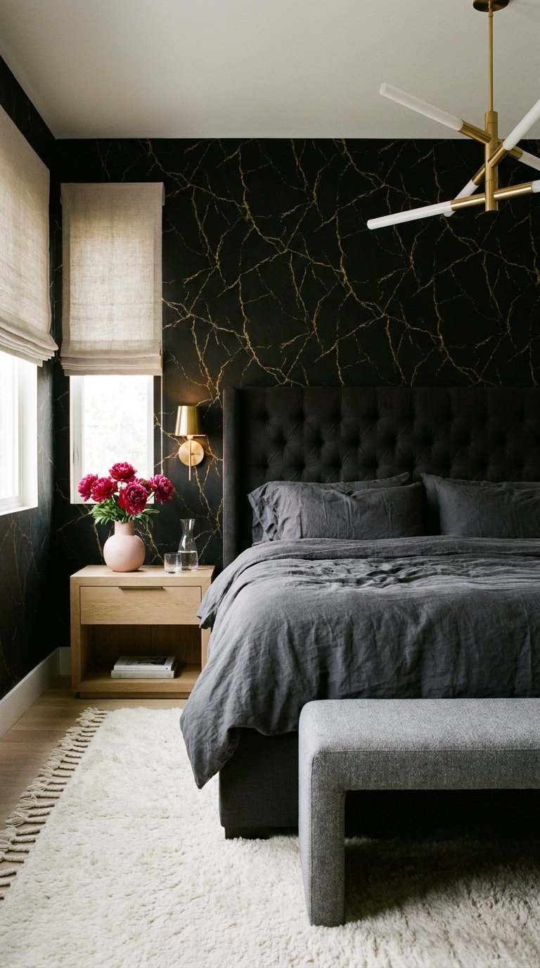 Chambre noire avec mur veiné d’or, lit capitonné et linge gris foncé
