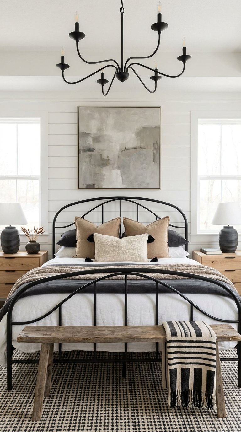 Chambre symétrique avec lit en métal noir, tables en bois et grand lustre