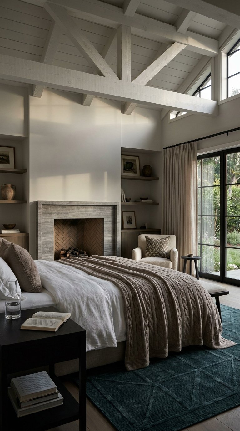 Grande chambre contemporaine avec cheminée, poutres blanches et baie sur le jardin