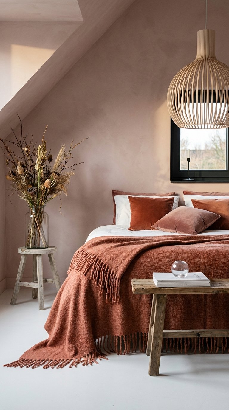 Chambre mansardée rose poudré avec textiles terracotta et suspension en bois