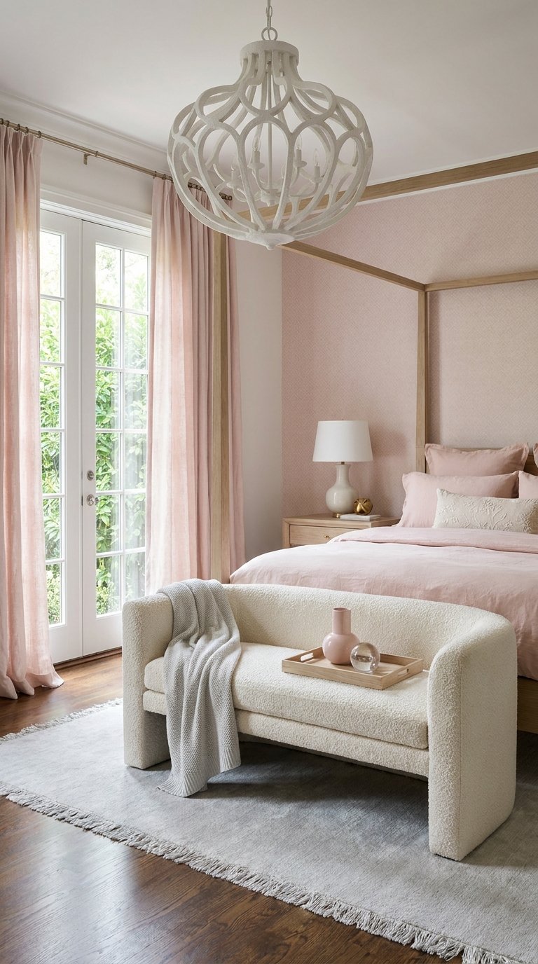 Chambre rose pâle avec lit à baldaquin, canapé bouclé et rideaux assortis