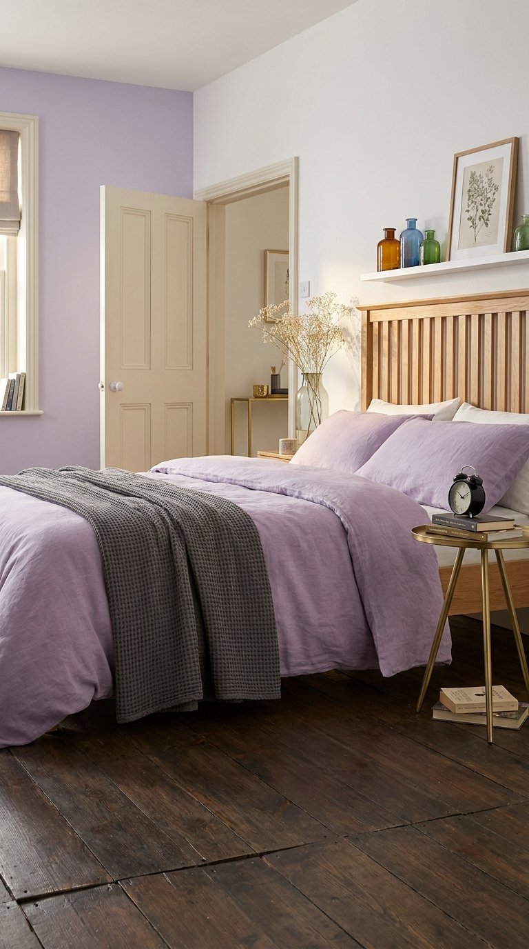 Chambre avec linge lilas, tête de lit en bois et mur lavande
