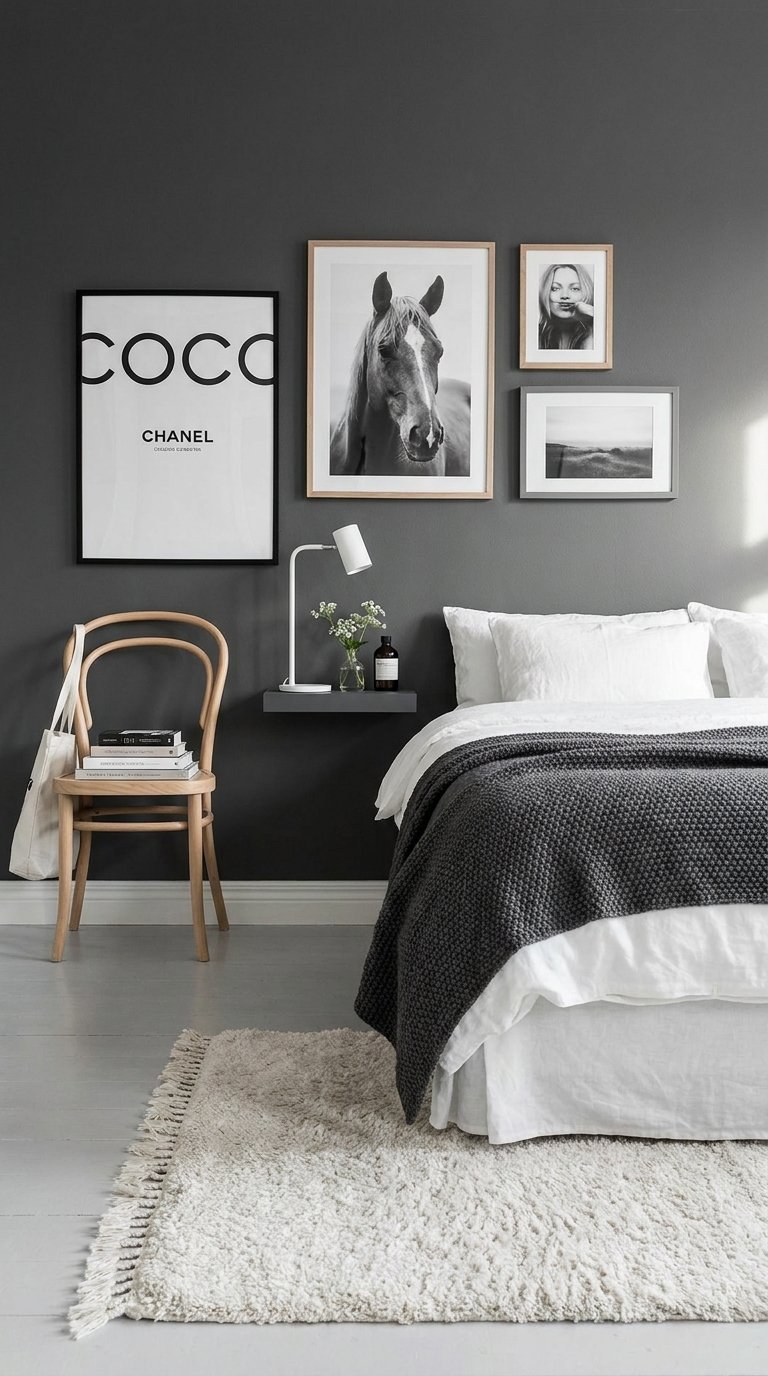 Chambre blanche et anthracite avec galerie de cadres noirs et bois