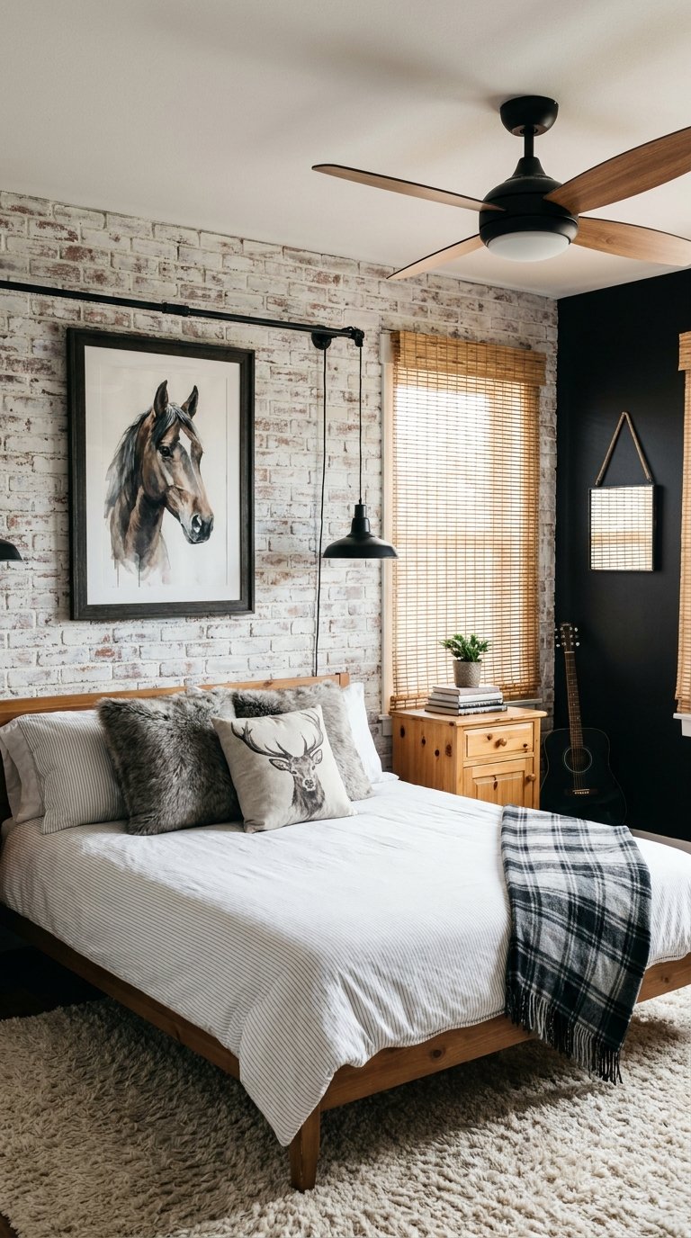 Chambre rustique avec mur de briques blanches, lit en bois et ventilateur