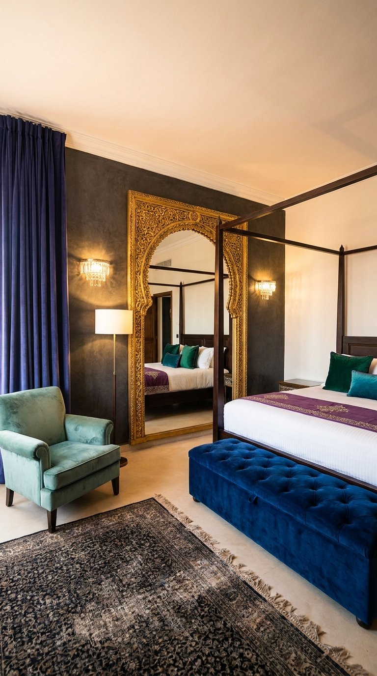Chambre luxueuse avec lit à baldaquin, grand miroir doré et velours bleu
