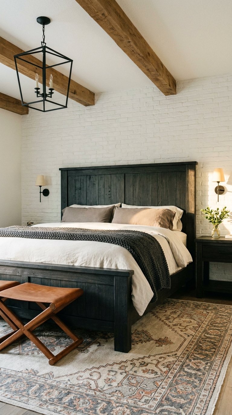 Chambre rustique avec lit noir, briques blanches, poutres en bois et tapis oriental