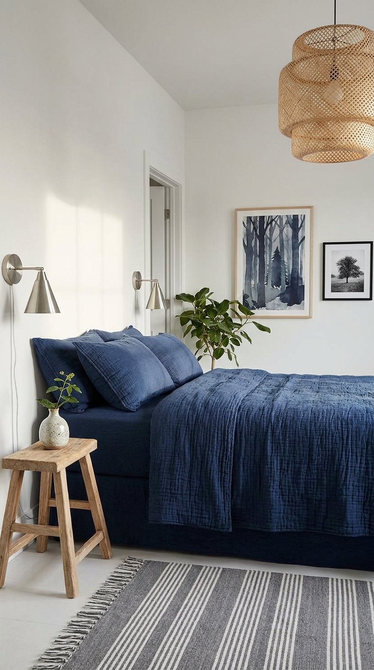 Petite chambre blanche avec linge bleu marine et suspension tressée