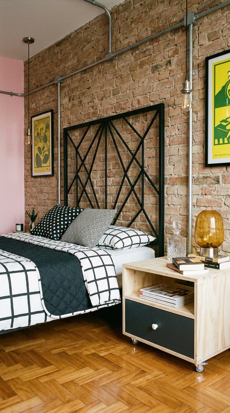 Chambre industrielle avec mur en briques, tête de lit métallique et table sur roulettes