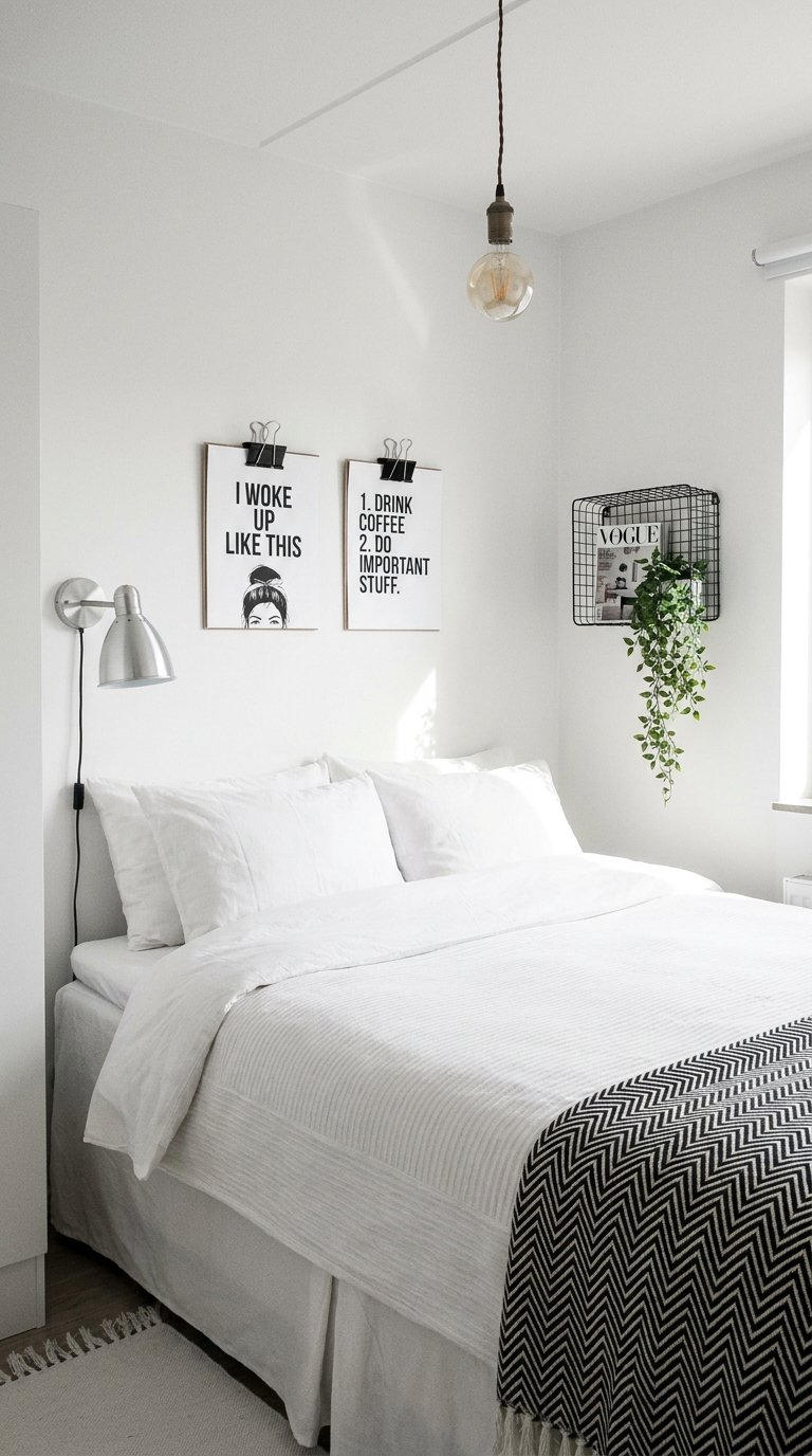 Petite chambre blanche avec lit double, affiches typographiques et plante retombante