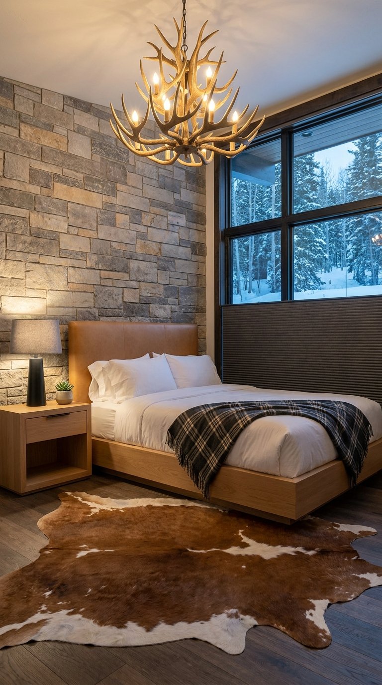 Chambre de montagne avec mur en pierre, lustre en bois de cerf et tapis peau