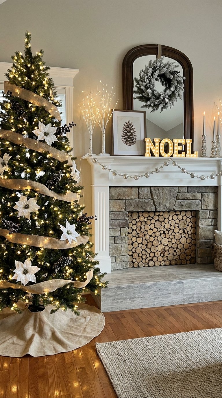 Sapin illuminé et cheminée blanche décorée d’une couronne enneigée