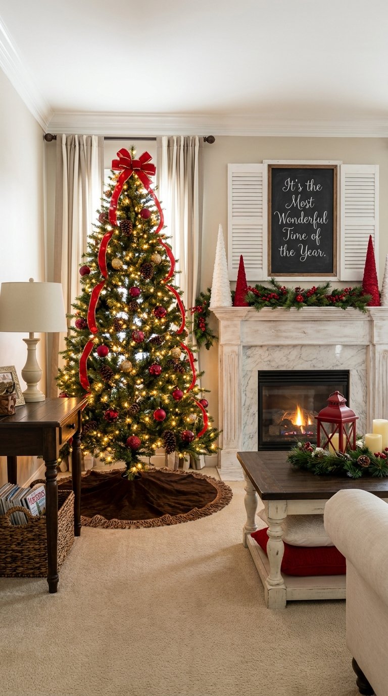 Grand sapin orné de rubans rouges près d’une cheminée claire