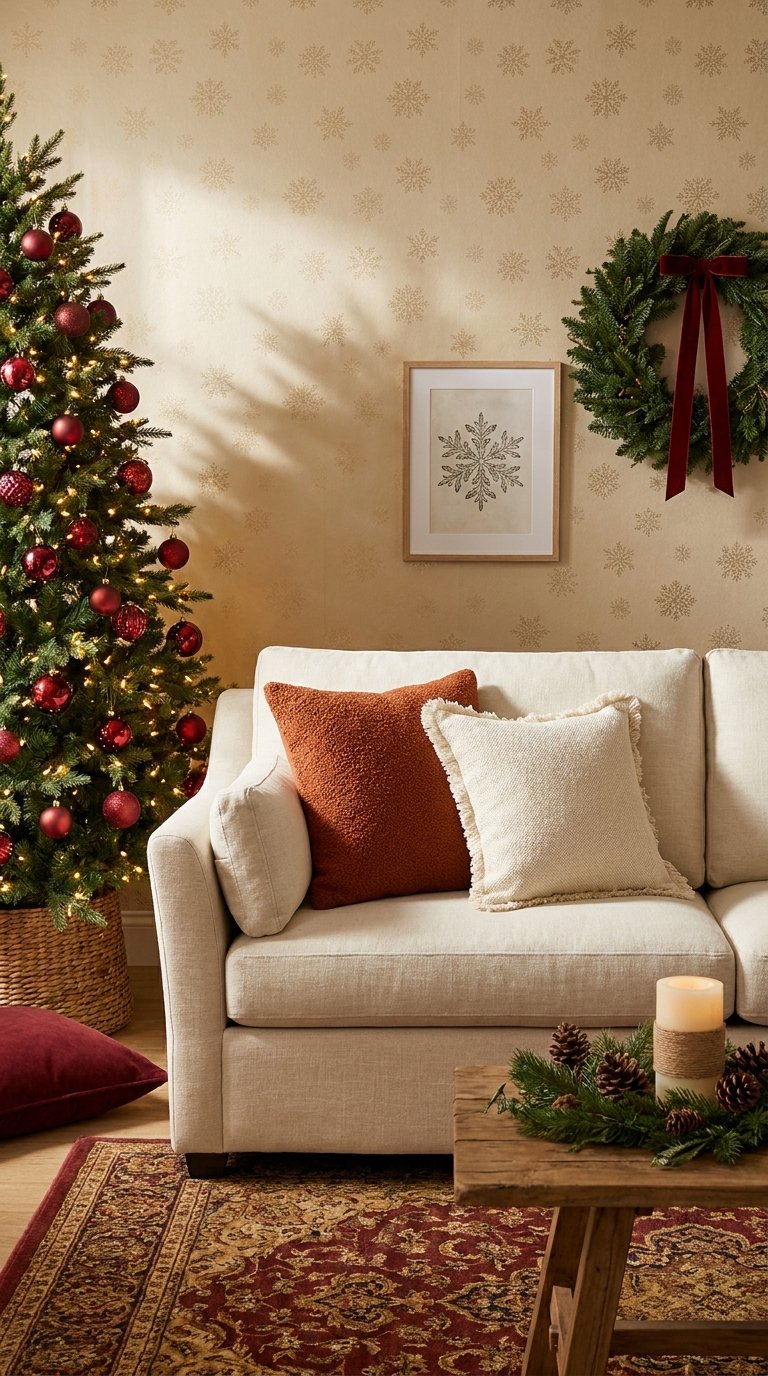 Canapé beige près d’un sapin rouge et d’une couronne au ruban bordeaux