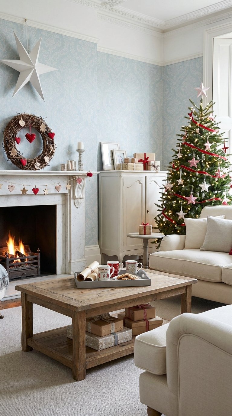 Salon clair avec sapin décoré d’étoiles rouges et cheminée allumée