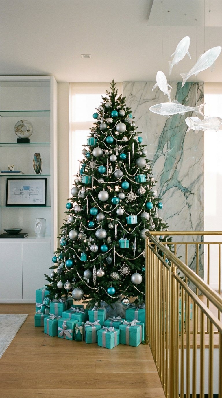 Grand sapin turquoise et argent dans un intérieur moderne