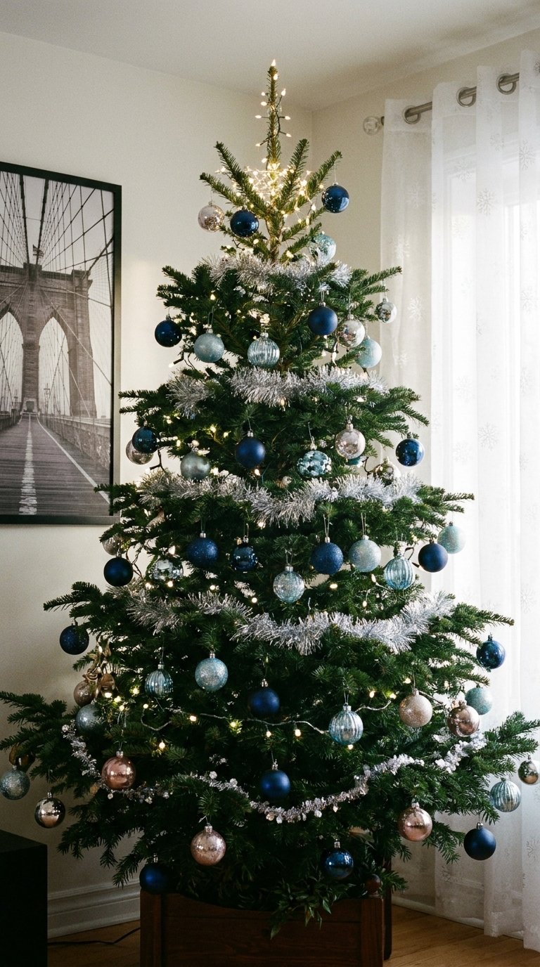 Sapin naturel décoré de boules bleues, argentées et rosées