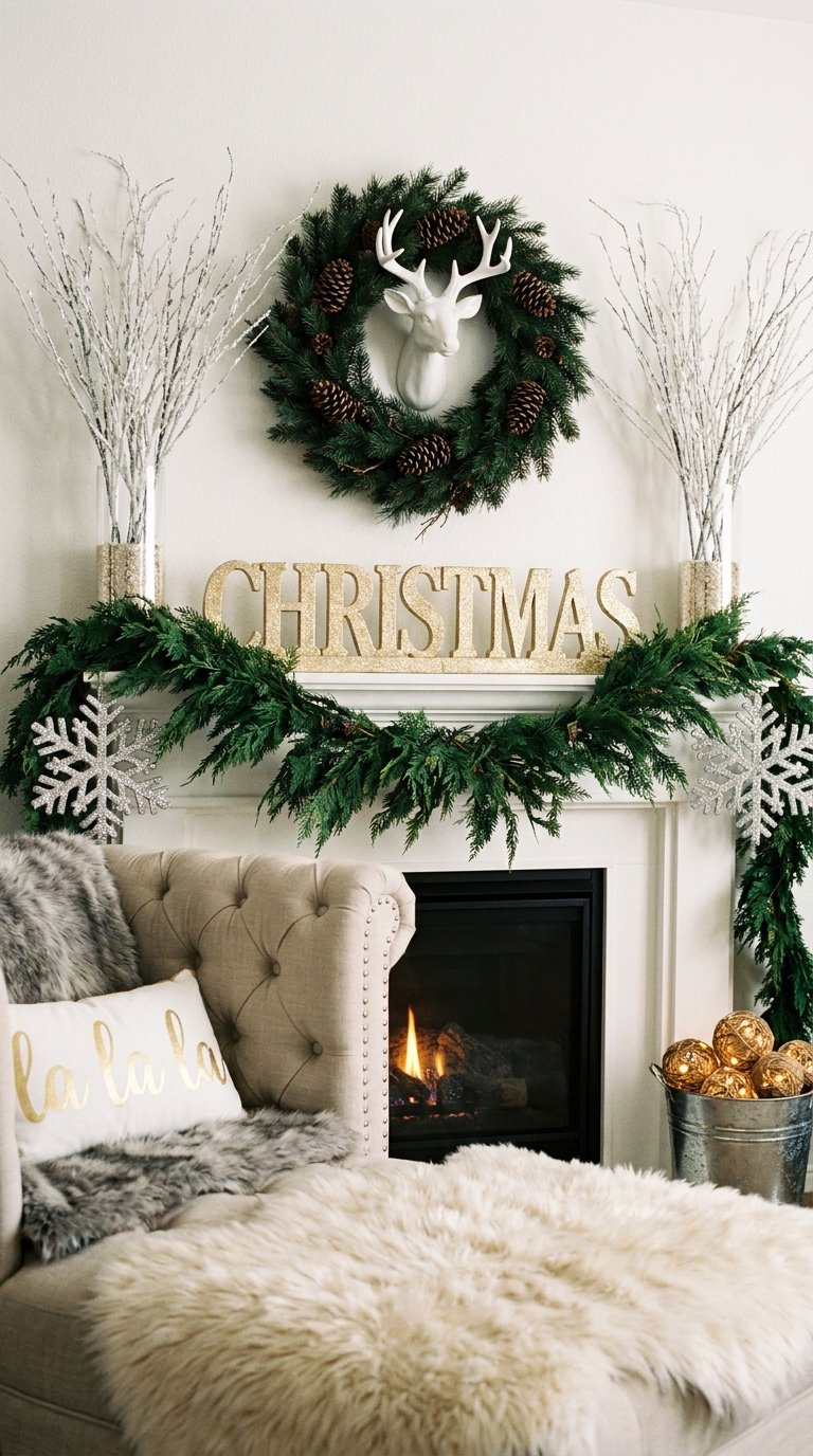 Cheminée blanche avec couronne de sapin, tête de cerf et lettres dorées