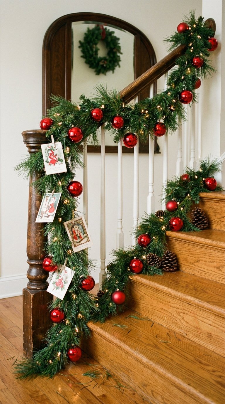 Escalier en bois décoré d’une guirlande lumineuse et de boules rouges