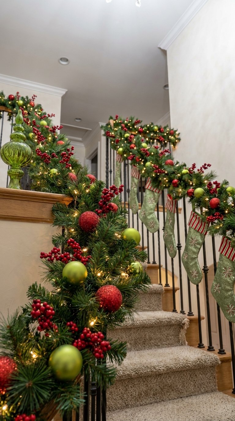 Escalier garni de verdure, baies rouges, boules vertes et chaussettes