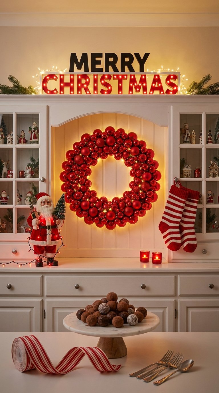 Vaisselier blanc décoré d’une grande couronne de boules rouges lumineuses