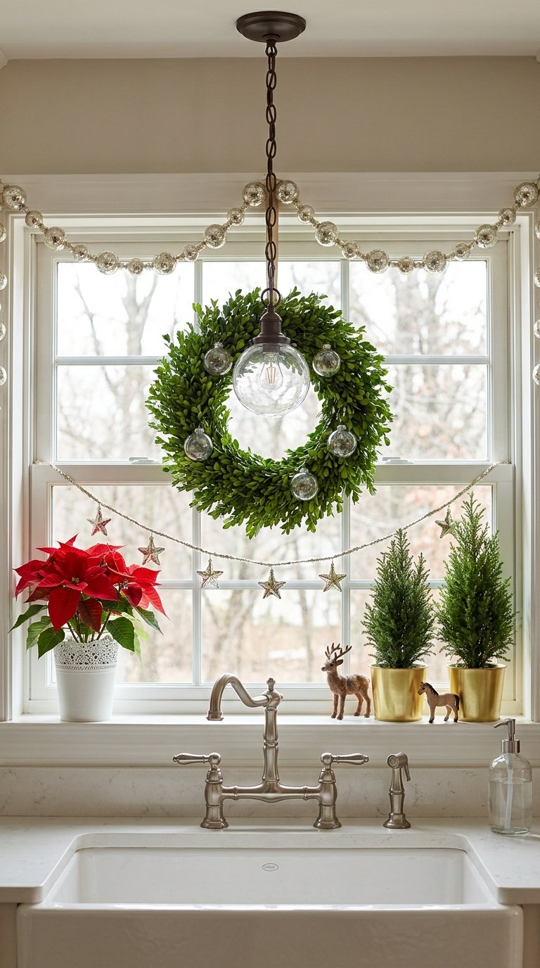 Fenêtre de cuisine décorée d’une couronne verte, d’étoiles et de poinsettia
