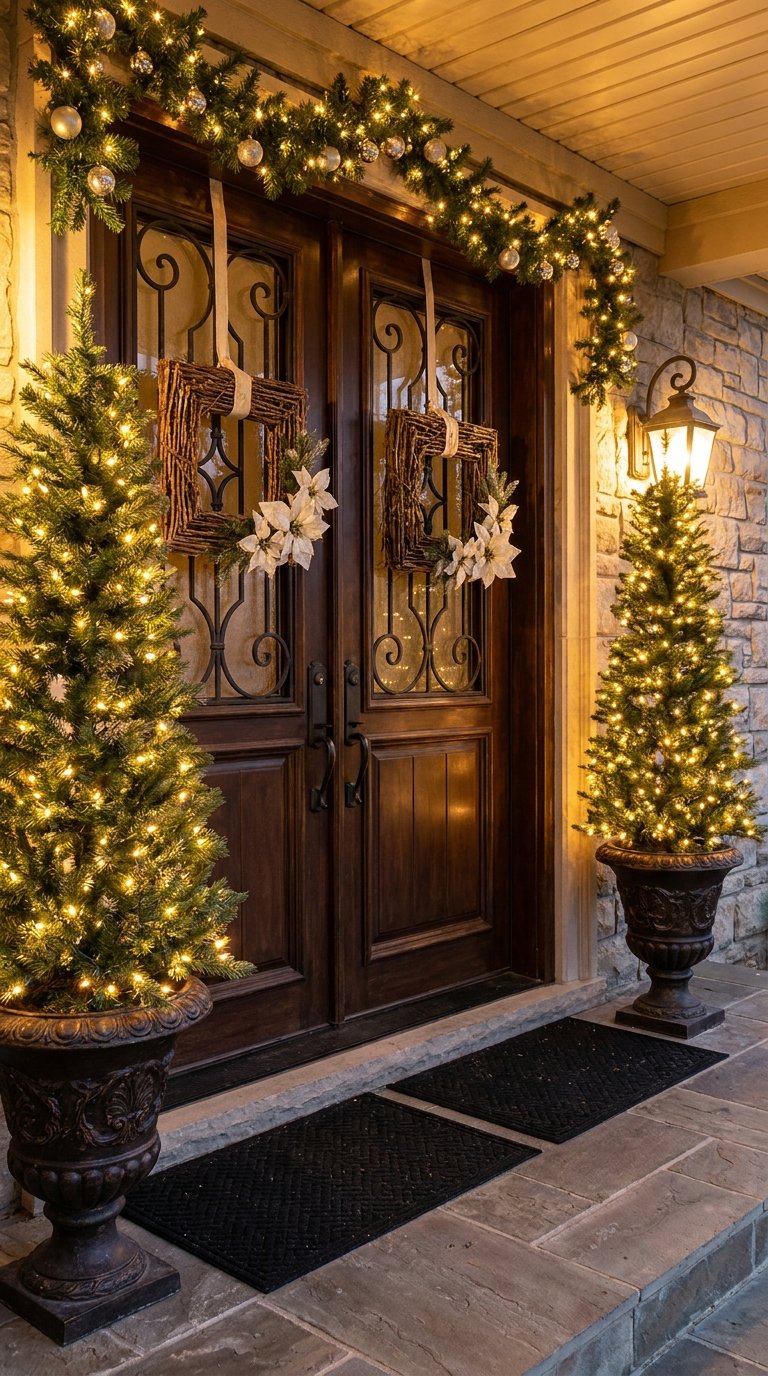 Entrée extérieure avec deux sapins illuminés et guirlande au-dessus des portes