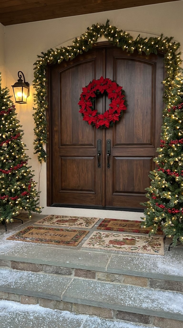 Double porte en bois avec couronne de poinsettias et sapins lumineux