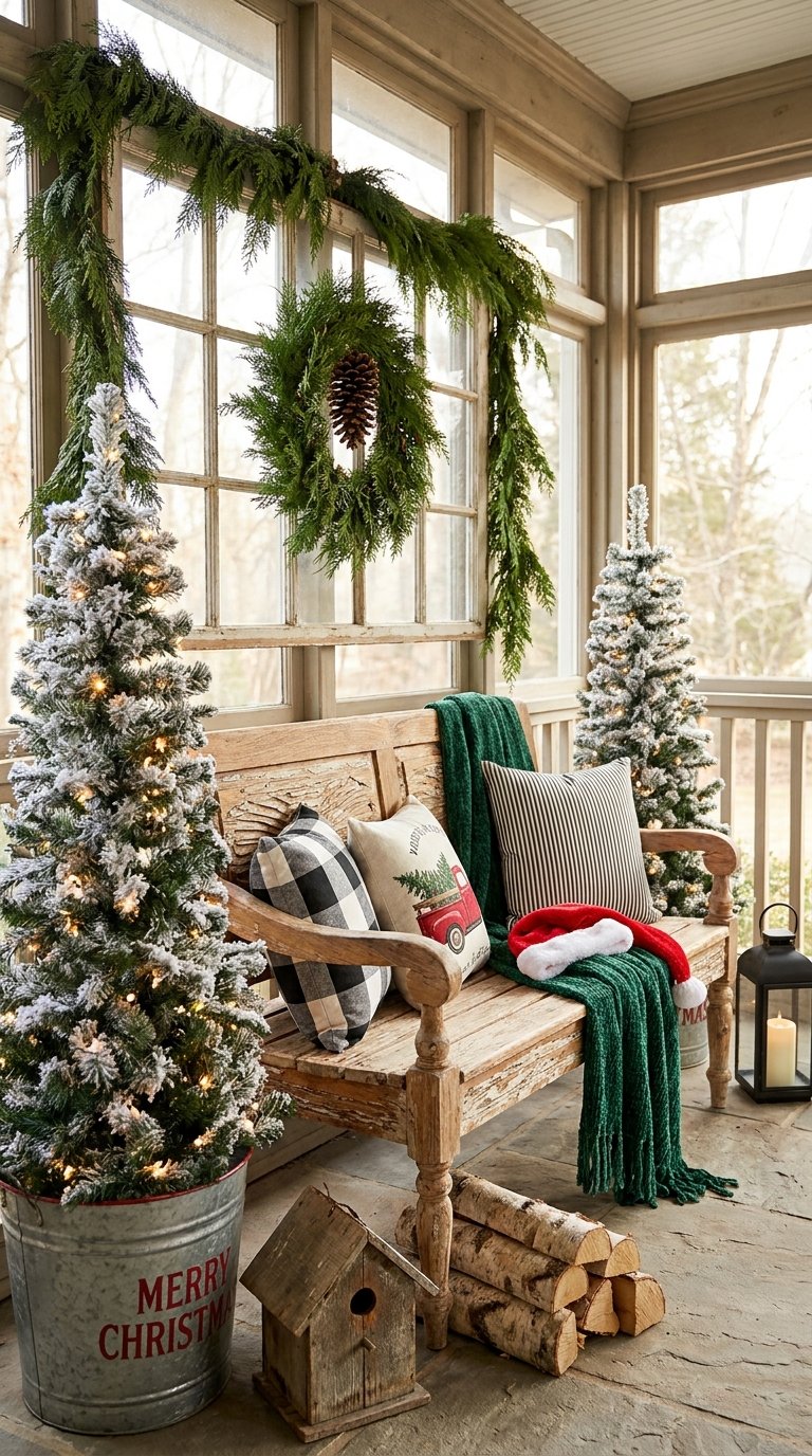 Véranda avec banc rustique, sapins enneigés et couronne végétale