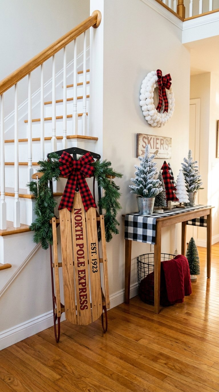 Luge ancienne décorée d’un nœud à carreaux près d’une console de Noël