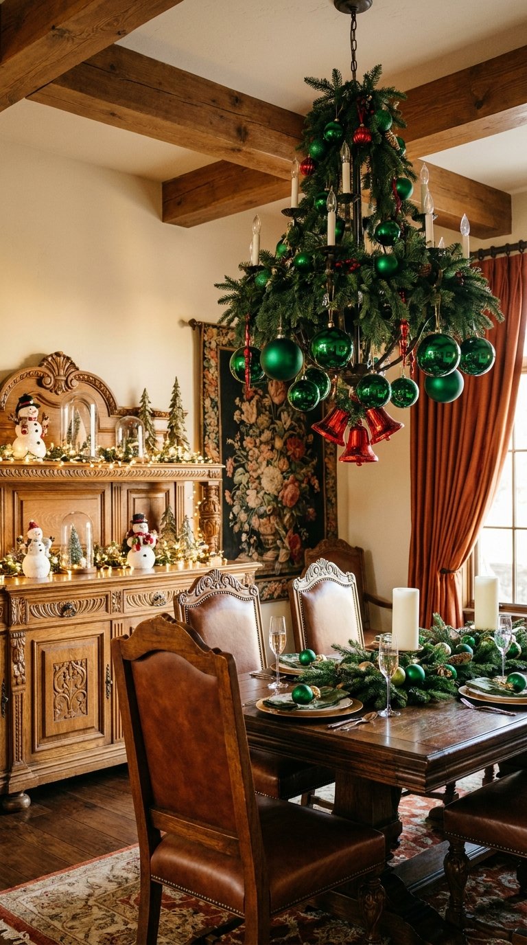 Salle à manger rustique avec lustre couvert de sapin et boules vertes