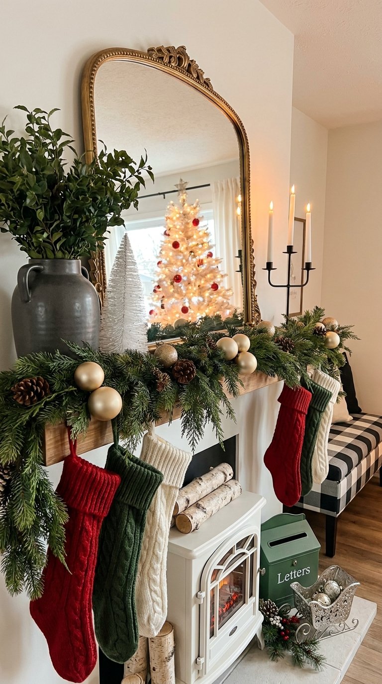 Cheminée blanche décorée de verdure, boules dorées et chaussettes colorées