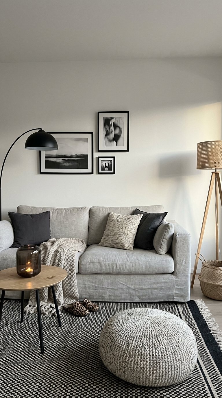 Petit salon gris avec canapé, tapis graphique, pouf tricoté et lampadaires