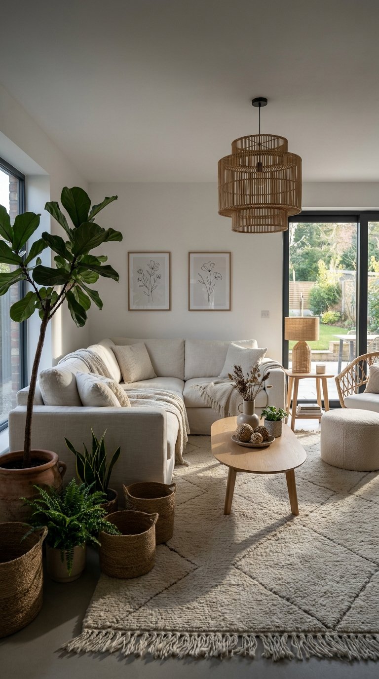 Salon lumineux avec canapé d’angle écru, plantes vertes et suspensions en rotin