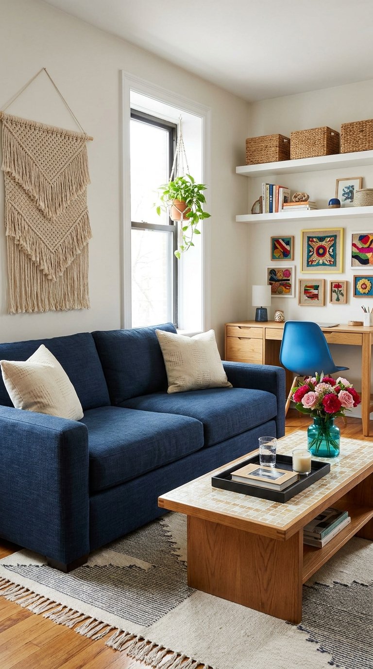 Petit salon avec canapé bleu, bureau en bois, macramé et cadres colorés