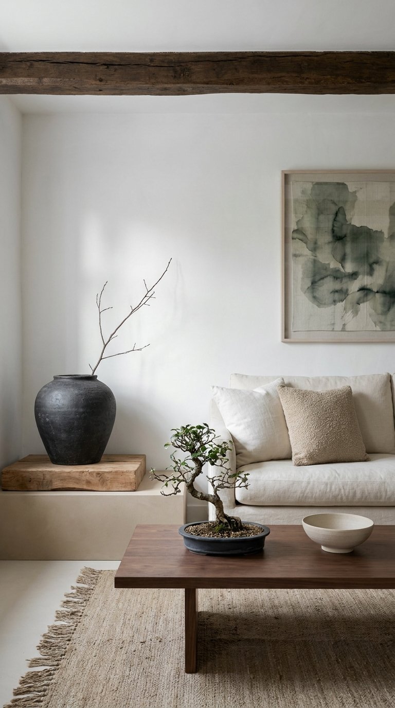 Salon minimaliste avec canapé blanc, bonsaï, grand vase noir et poutre ancienne
