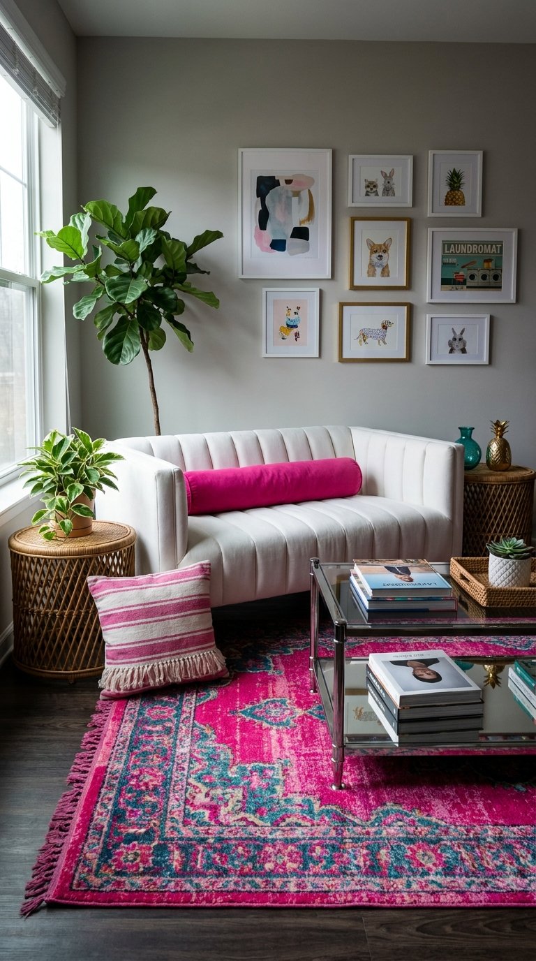 Petit salon coloré avec canapé blanc, tapis rose vif et mur de cadres