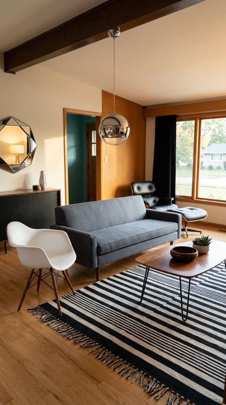 Petit salon rétro avec canapé gris, fauteuils dépareillés et tapis rayé noir et blanc