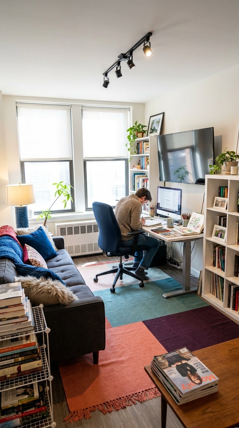 Petit salon bureau avec canapé gris, grand écran mural, étagères et tapis coloré