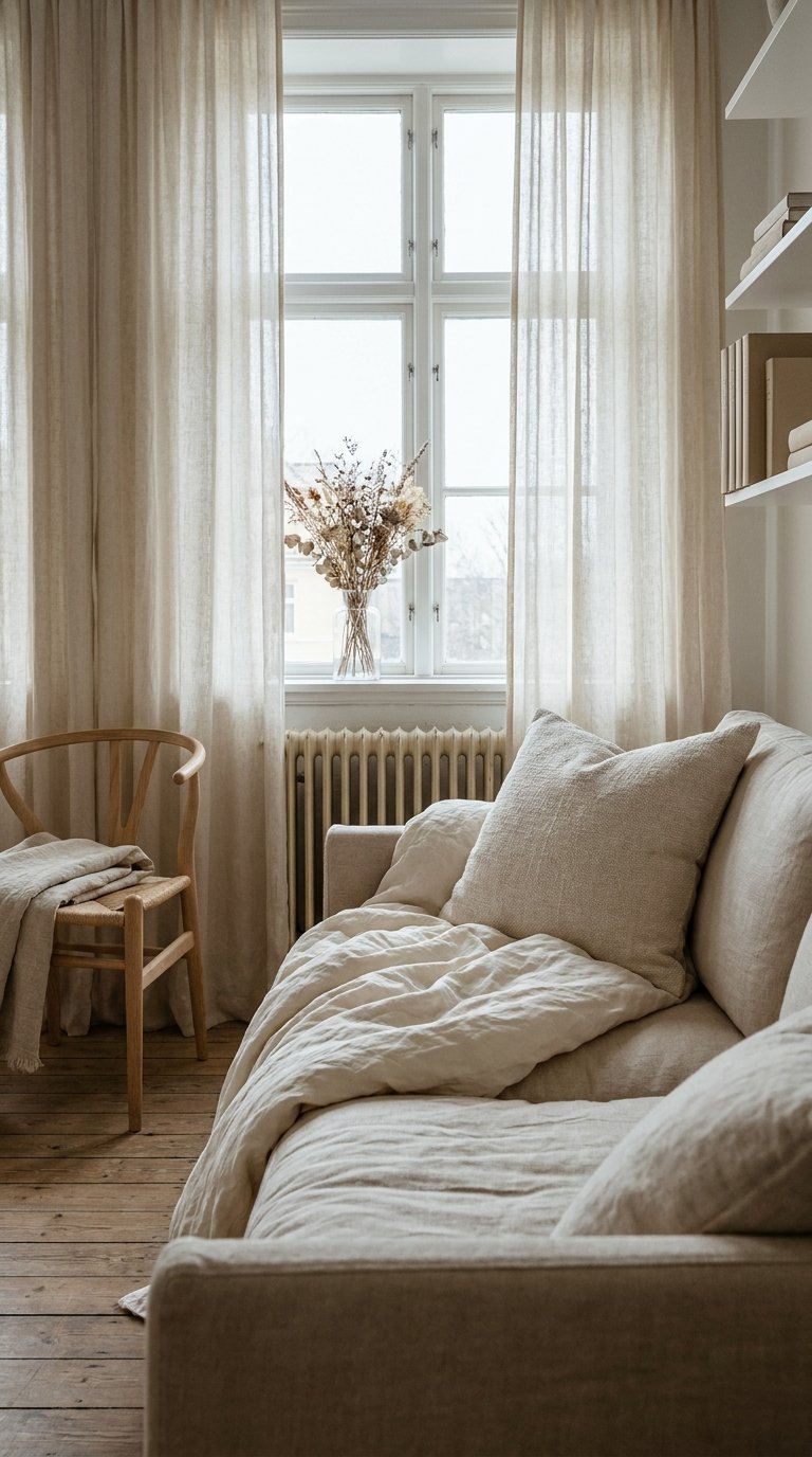 Petit salon beige avec canapé en lin, chaise en bois et rideaux transparents