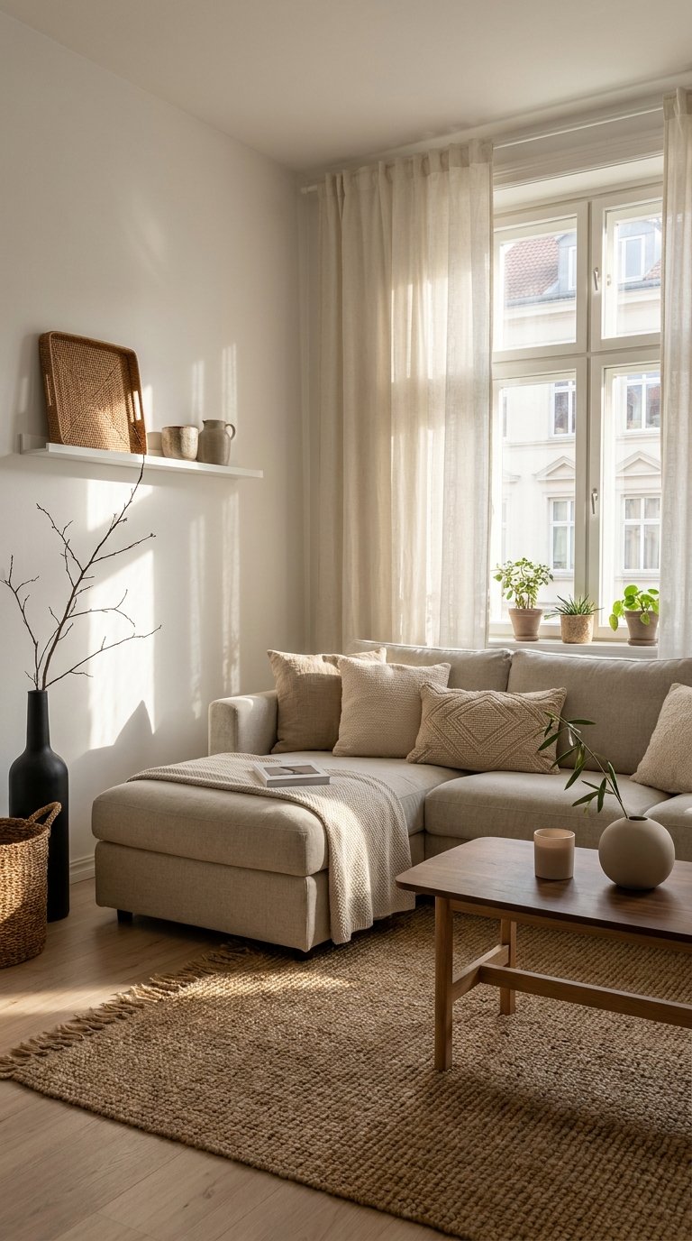Petit salon scandinave avec canapé à méridienne, tapis en jute et voilages clairs