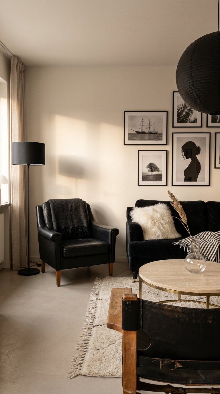 Salon noir et blanc avec fauteuils en cuir, canapé sombre et galerie de photographies