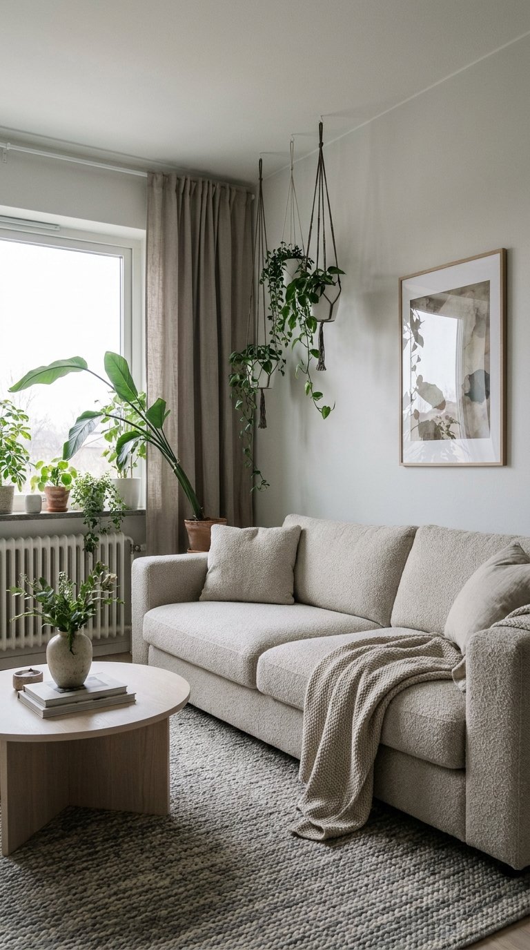 Petit salon neutre avec canapé bouclé, plantes suspendues et table basse ronde