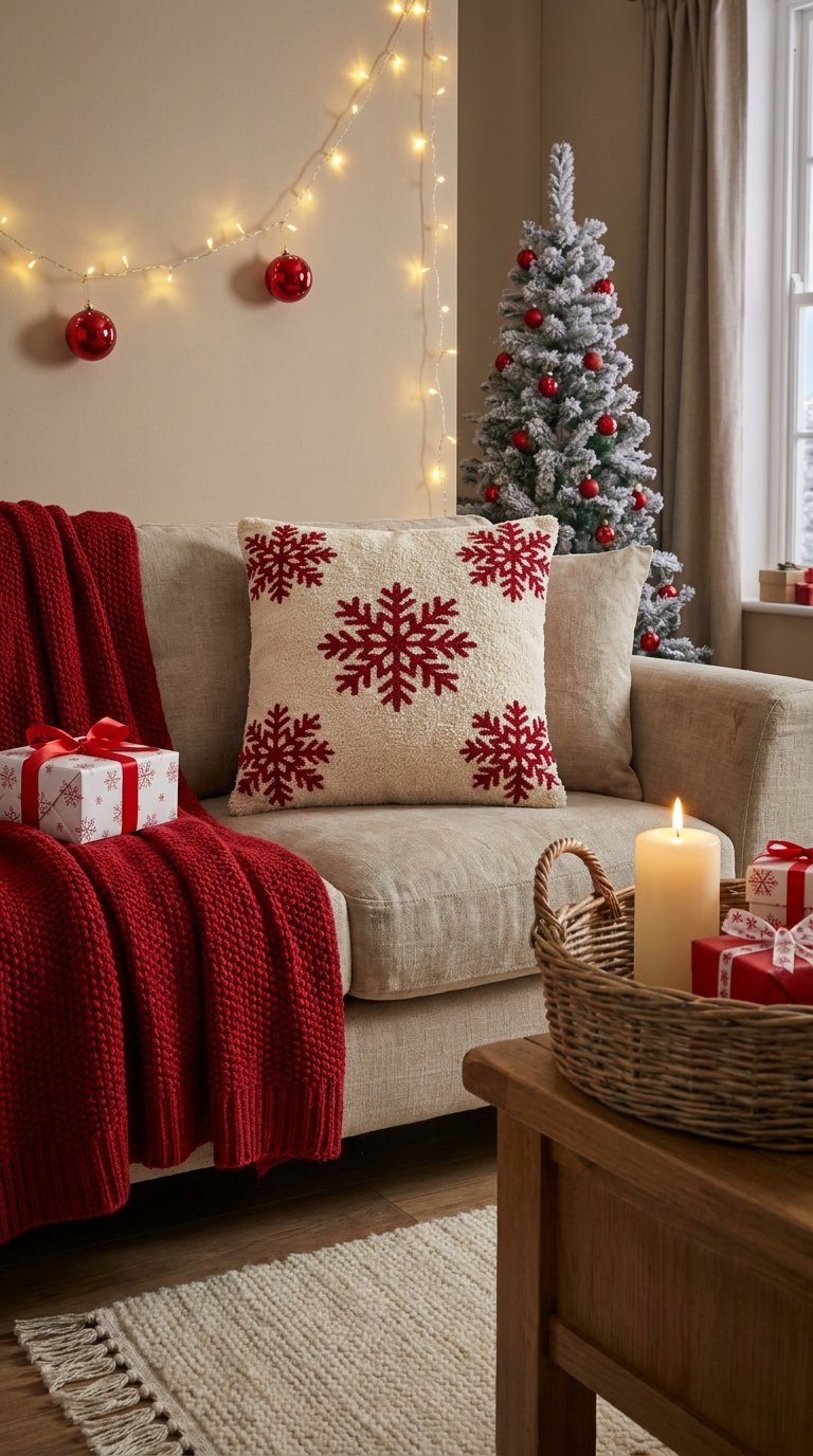 Petit salon de Noël avec canapé beige, plaid rouge, guirlande et sapin enneigé
