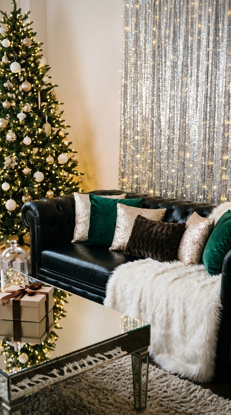Salon de fête avec canapé Chesterfield noir, sapin illuminé et décor argenté