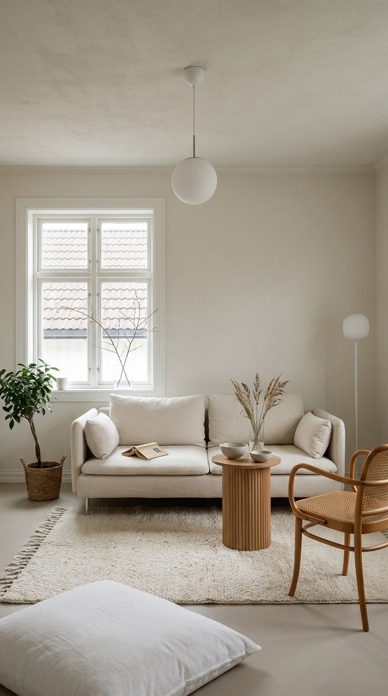 Salon minimaliste crème avec petit canapé, tapis moelleux et fauteuil en cannage