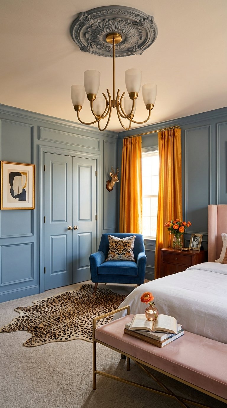 Chambre bleu grisé avec fauteuil bleu, rideaux ocre et banquette rose
