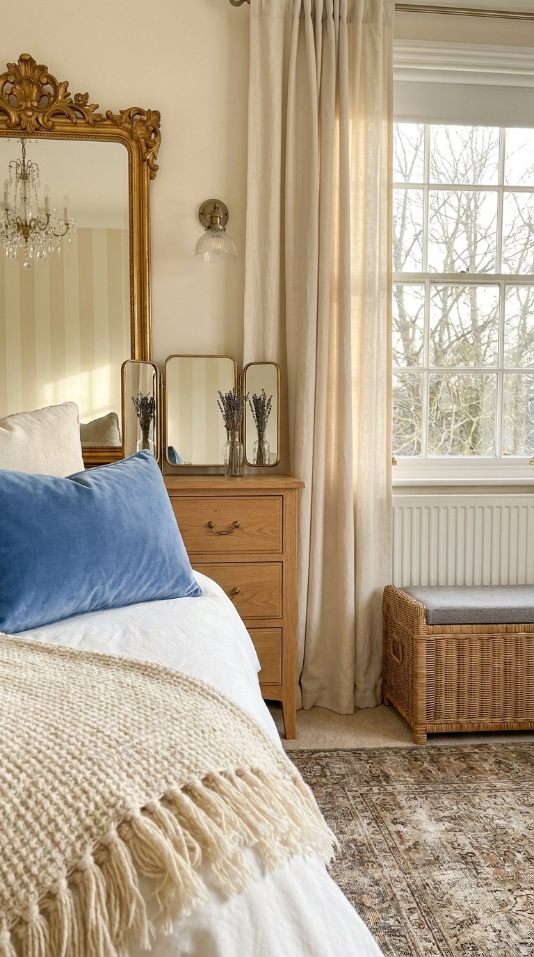 Chambre claire avec linge écru, coussin bleu et grand miroir doré