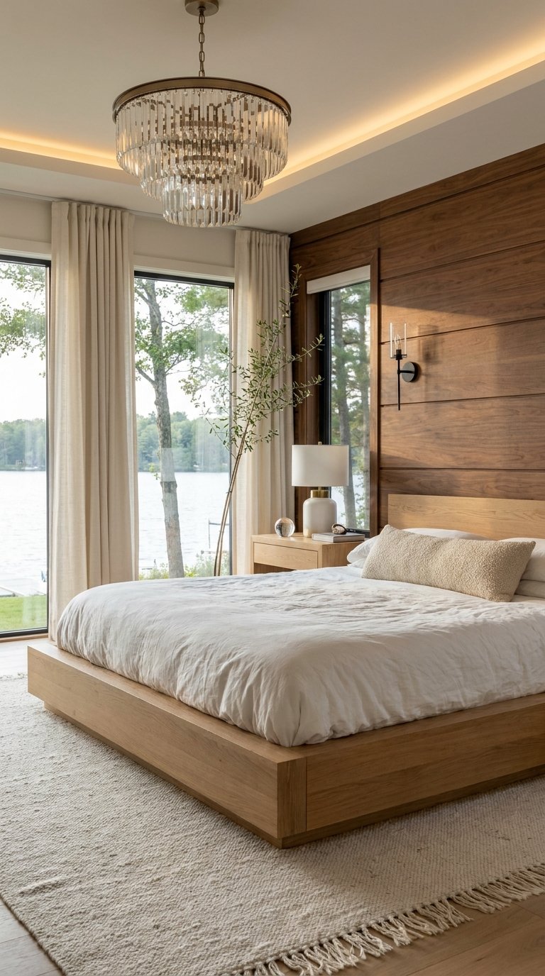 Chambre moderne avec lit plateforme en bois et mur habillé de noyer